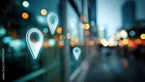 Digital Location Pins Overlayed on a Blurred Cityscape at Night.