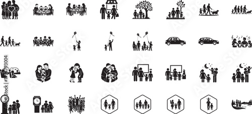 Modern family life icons featuring pet walking car travel and museum visits