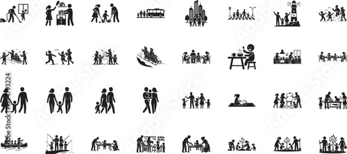 Family activity icons focusing on chores travel and winter fun