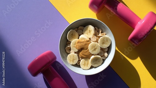 Healthy Breakfast Bowl with Bananas and Nuts Next to Dumbbells.