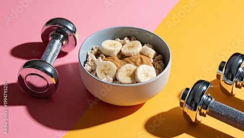 Healthy Oatmeal Bowl with Peanut Butter and Banana Next to Dumbbells.