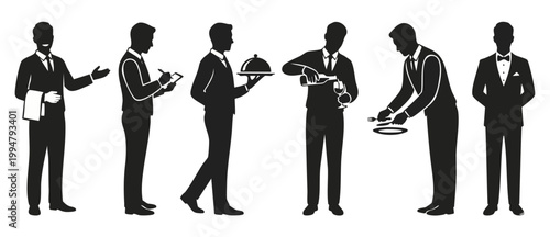 Waiter silhouette collection set, professional restaurant staff in uniform performing serving tasks, butler and banquet service icons, elegant fine dining black characters isolated on white background
