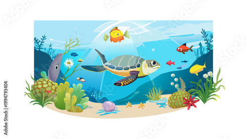 Summer Sea Turtle Swimming with Tropical Fish Vector
