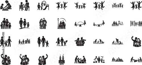 Silhouette icons showing parents and children enjoying school days and park activities