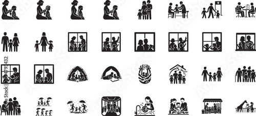 Essential family life icons including medical visits household chores and camping trips