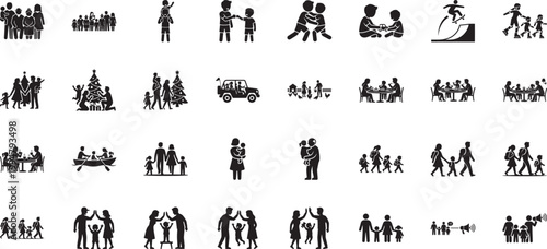 Multigenerational family icons featuring holiday celebrations and active school life routines