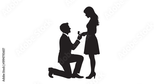 A man proposes to a woman on one knee in a silhouette