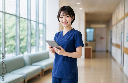 タブレットを持つ笑顔の看護師、医療DX、電子カルテ