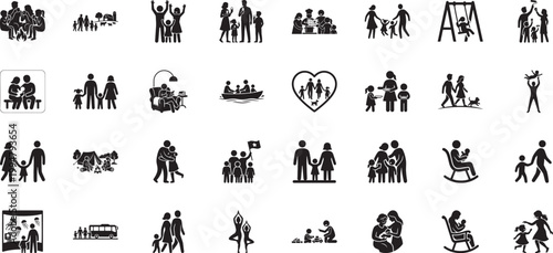 Diverse family lifestyle icons featuring travel camping and indoor hobbies