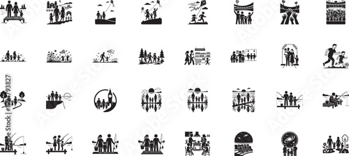 Family bonding icons featuring sports stadium events and astronomy stargazing moments