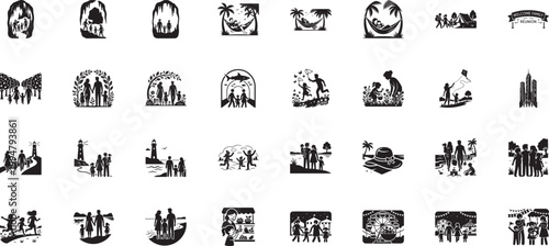 Vacation and travel family silhouette icons with beach and lighthouse themes