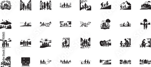 Outdoor adventure and nature hiking icons featuring family exploration themes