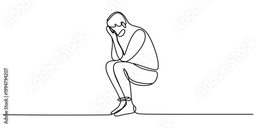 continuous one line drawing Sad man sitting alone in line art