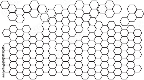 Abstract geometric pattern of interconnected hexagonal cells forming a honeycomb structure representing network data science and connections in a clean minimalist monochrome