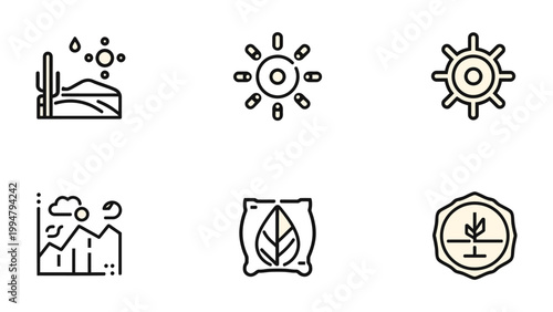 Nature Elements Icon Set: A comprehensive collection of meticulously crafted line icons representing various natural elements, offering a visually engaging and informative graphic resource.