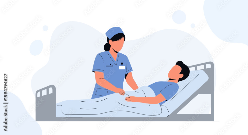 Fototapeta premium Nurse Caring for Patient in Hospital Bed, Medical Assistance and Healthcare Concept