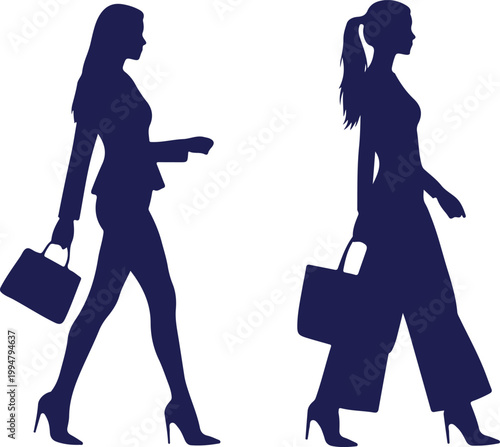 Silhouettes of two professional business women walking with handbags