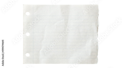 Fotografie Blank lined notebook paper with three punch holes and torn edge on a transparent