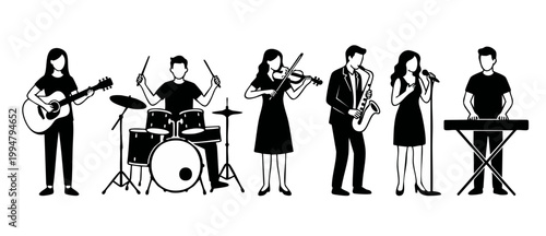 Music band playing instruments silhouette set, guitar drummer violinist saxophonist singer and keyboardist performing together on stage, vector illustration of musical group characters isolated on whi