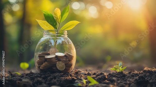 A Glass Jar Filled With Coins and a Young Plant Growing Symbolizing Financial Growth and Investment Strategies in Nature