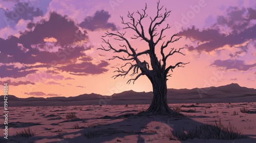 A solitary, gnarled ancient tree stands against a vivid sunset in a vast, barren desert landscape, symbolizing drought and resilience.