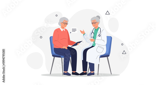 Doctor consulting elderly patient, discussing medical results on tablet, healthcare concept