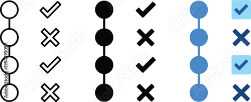 Task checklist icon with check and cross marks showing completed and pending tasks. Suitable for to do lists, workflow control, task management, planning, productivity systems and business operations.