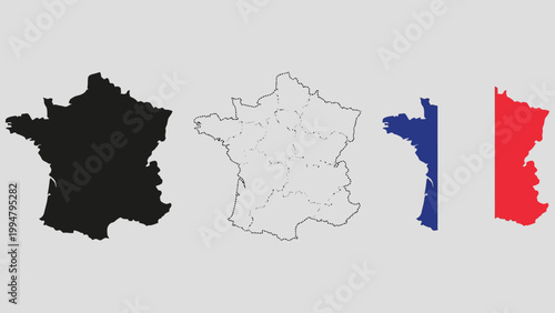 France map silhouette. Black, dotted regional division and French flag-filled country symbol. French borders and political boundary indicator. Travel and geography pictogram. National identity graphic