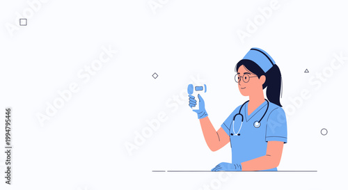 Nurse with Thermometer, Medical Check-up, Healthcare Professional, Doctor Illustration