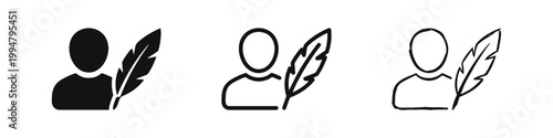 Author or Writer Icon Set Featuring User and Quill Feather in Three Illustration Styles