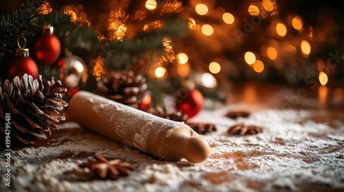 Christmas Baking Preparation with a Rolling Pin and Dough on a Floured Surface with Festive Lights