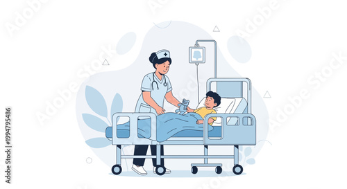 Nurse caring for a child patient in hospital bed with IV drip, illustration