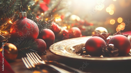 Elegant Christmas Dinner Table Setting with Ornate Plates and Silverware, Warm Festive Lighting