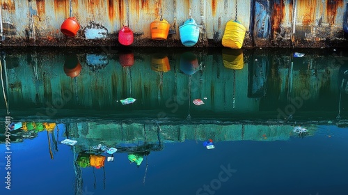 Colorful plastic waste floats near boats in a marina with reflections in the water