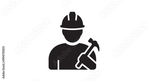 Construction worker silhouette holding a hammer wearing a hard hat