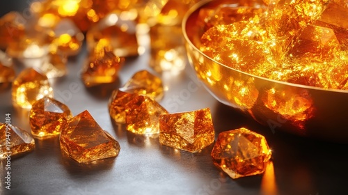 Close-up view of gleaming gold ore nuggets and a bowl brimming with precious mineral fragments, highlighting their rich texture and reflective surfaces.