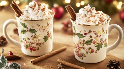 Cozy holiday drinks in festive mugs with cinnamon sticks and whipped cream, perfect for Christmas celebrations