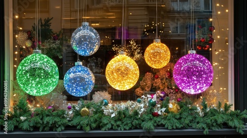 Festive Christmas window display featuring glowing glass ornaments and garlands with vibrant colors in natural light