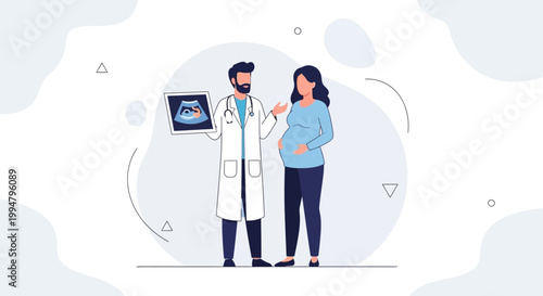 Doctor Showing Ultrasound Scan to Pregnant Woman, Medical Consultation