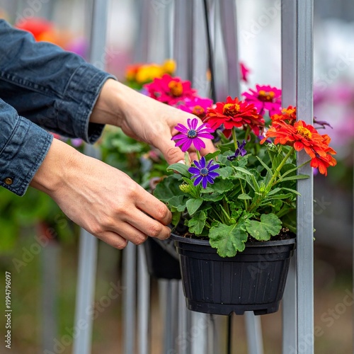 Hands tending to vibrant blooming zinnia flowers in black nursery pots, greenhouse gardening, horticulture maintenance, floral care and cultivation