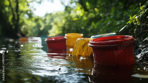 Discarded plastic containers floating on polluted water near a tree-lined riverbank, highlighting environmental concerns.