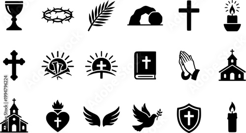 Vintage woodcut style engraving of Christian Easter icons including a chalice, crown of thorns, palm fronds, empty tomb, cross with shroud, and nails.
