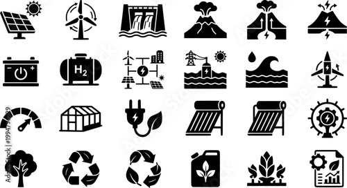Sustainable Energy and Green Technology Ultra-Minimalist Monoline Icons for Professional Renewable Power Systems and Eco-Efficiency Design
