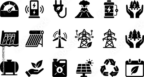 Sustainable Energy and Green Technology Ultra-Minimalist Monoline Icons for Professional Renewable Power Systems and Eco-Efficiency Design
