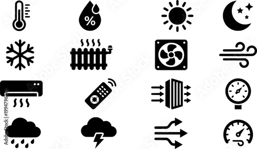 HVAC and climate control line icon set. Vector pictograms of air conditioners, fans, filters, temperature, humidity sensors, and smart home elements, thin linear illustration.