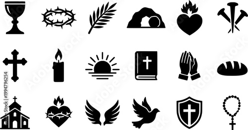 Vintage woodcut style engraving of Christian Easter icons including a chalice, crown of thorns, palm fronds, empty tomb, cross with shroud, and nails.
