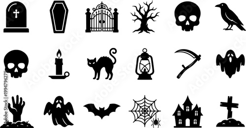 Hand-drawn cemetery and spooky halloween elements for gothic brand identity. Rustic, naive marker sketch illustrations featuring graveyard concepts.
