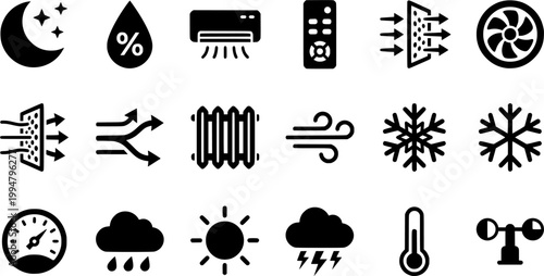 HVAC and climate control line icon set. Vector pictograms of air conditioners, fans, filters, temperature, humidity sensors, and smart home elements, thin linear illustration.
