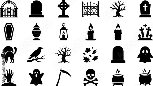 Hand-drawn cemetery and spooky halloween elements for gothic brand identity. Rustic, naive marker sketch illustrations featuring graveyard concepts.
