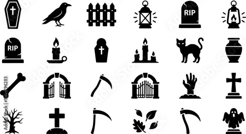 Hand-drawn cemetery and spooky halloween elements for gothic brand identity. Rustic, naive marker sketch illustrations featuring graveyard concepts.
